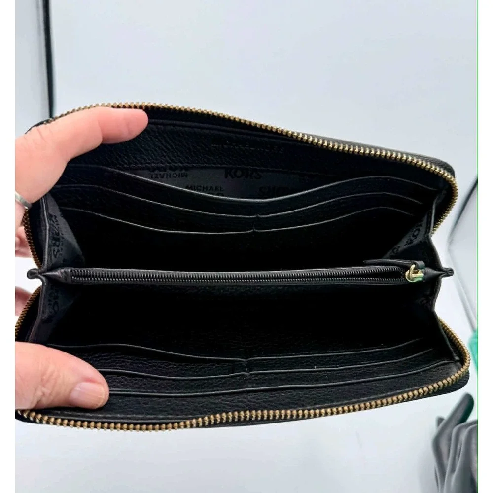 Michael Kors Fulton Continental Wallet Dark Brown Pebbled Leather Gold Plaque